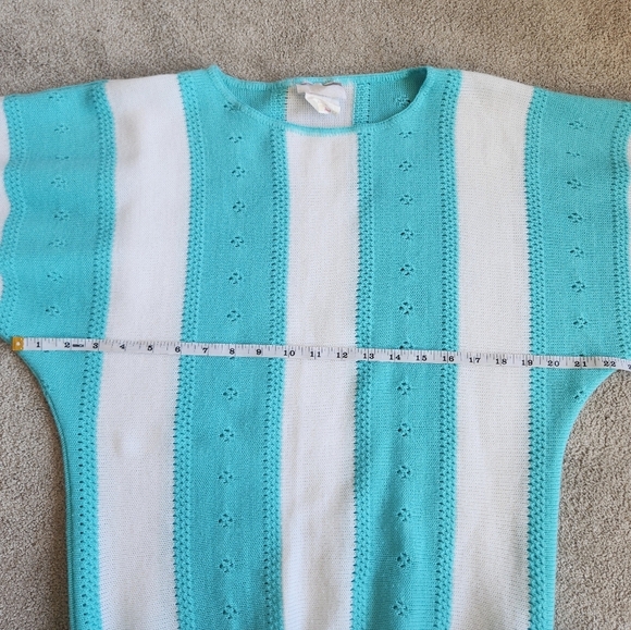80s Vintage SEARS Teal and White Women's Knit Top 3/4 Length Sleeve Sweater - Picture 7 of 12